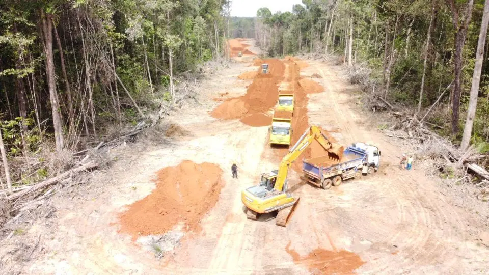 The PC490 excavator loading dump trucks on a freshly cut forest bench.