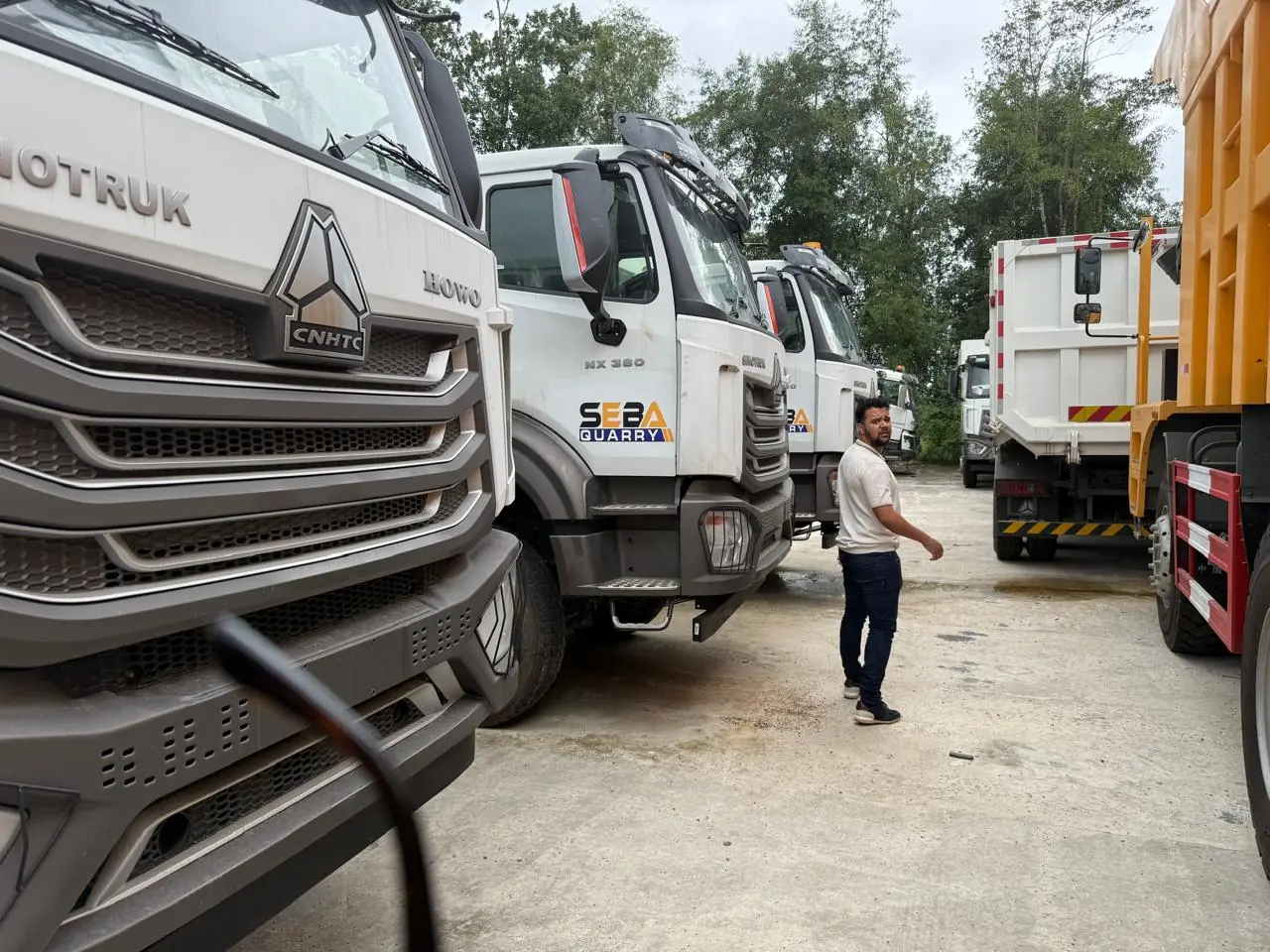 Daytime line-up of the SEBA HOWO tipper fleet at the yard.