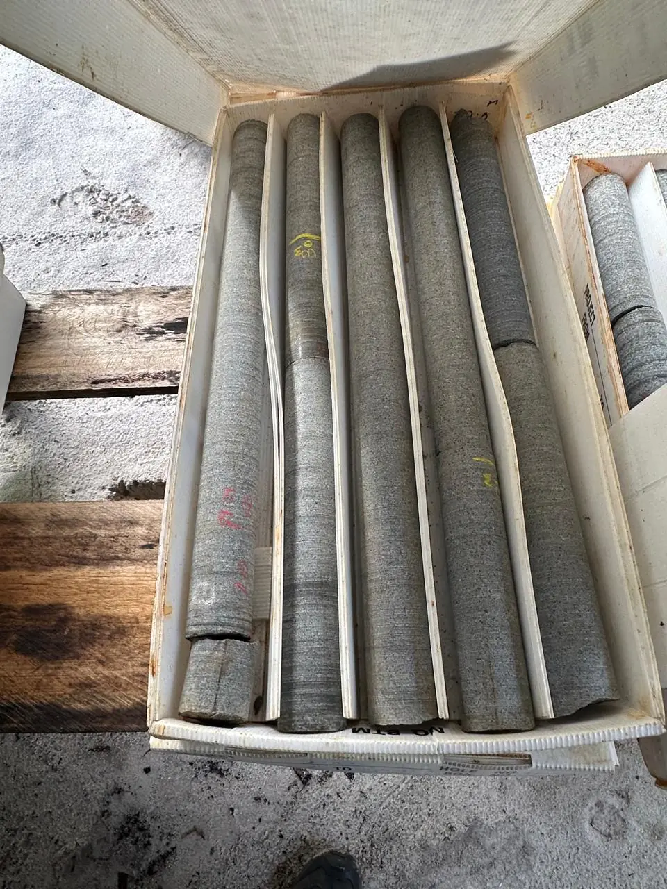 A single numbered core box holding five cylindrical grey drill cores wrapped in felt, resting on a timber pallet.